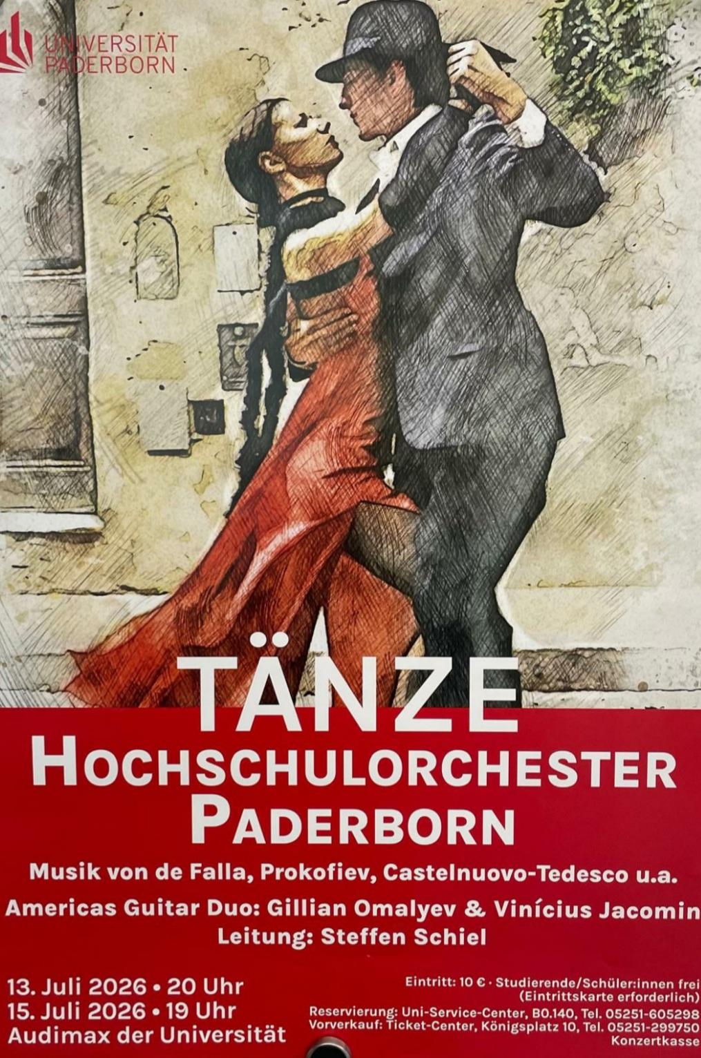 Das Hochschulorchester Paderborn spielt ein wunderbares Konzert am 13.7. um 20 Uhr und am 15.7. um 19 Uhr im Audimax. Und ich bin am Cello dabei. Wir spielen ein Gitarrendoppelkonzert und Tänze, die wirklich in Schwung bringen. Es lohnt sich!